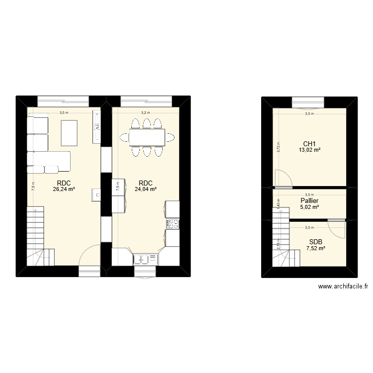 grange. Plan de 5 pièces et 76 m2