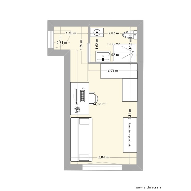 STUDIO 2. Plan de 2 pièces et 17 m2