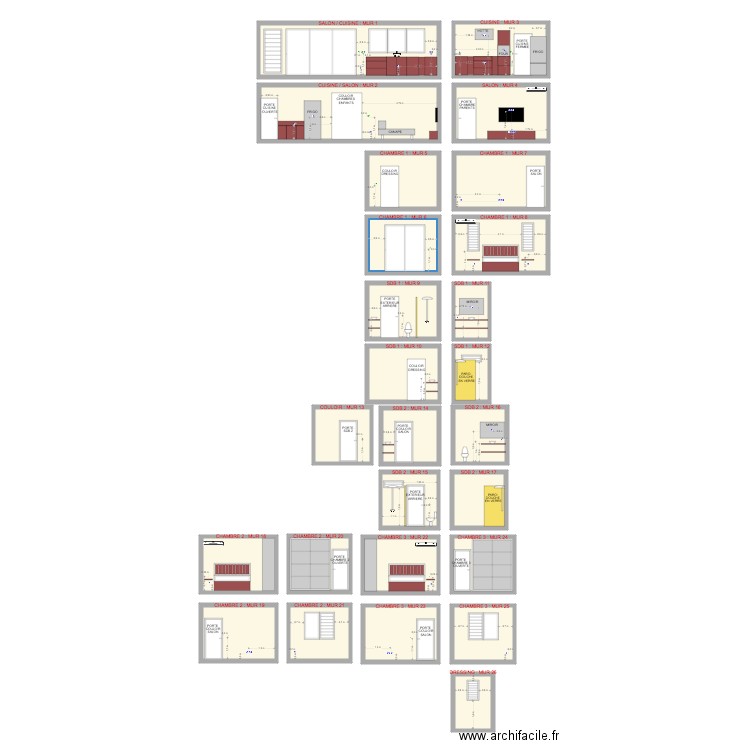 Emplacement prises et interrupteurs. Plan de 26 pièces et 241 m2