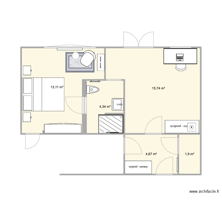 Chambre et Dressing. Plan de 5 pièces et 40 m2