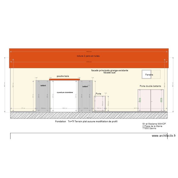 facade permettant de visualiser le dessin des menuiseries de la grande ouverture charretiere. Plan de 0 pièce et 0 m2