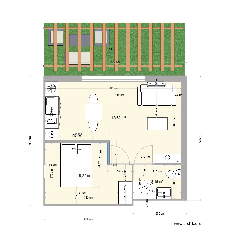 f2 bleu berre sand. Plan de 3 pièces et 31 m2