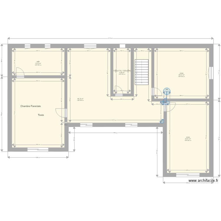 Plan projet chalet des Sables Etage  facade Sud . Plan de 10 pièces et 364 m2