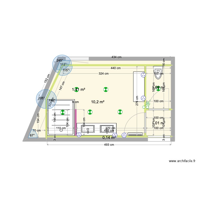 SDB. Plan de 5 pièces et 14 m2