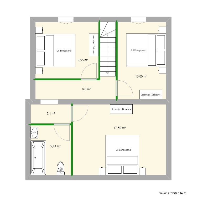 Aménagement  M2  Etage. Plan de 6 pièces et 51 m2