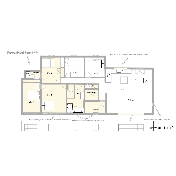 Bouilladisse projet Rénovation Urbanisme Façade sud. Plan de 8 pièces et 101 m2