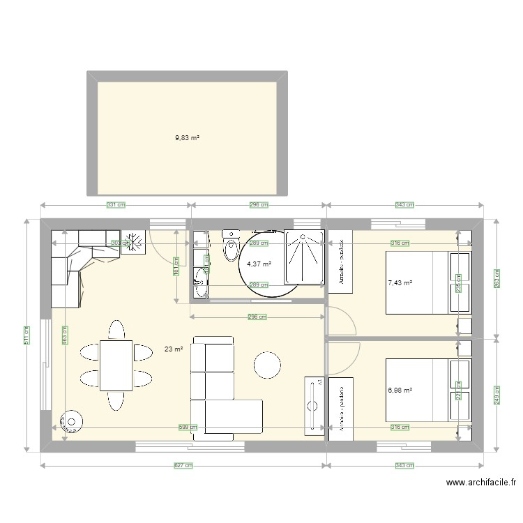 moins de 50 m2. Plan de 5 pièces et 52 m2