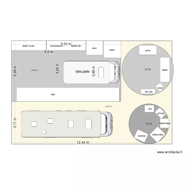 hangar sarant. Plan de 2 pièces et 126 m²