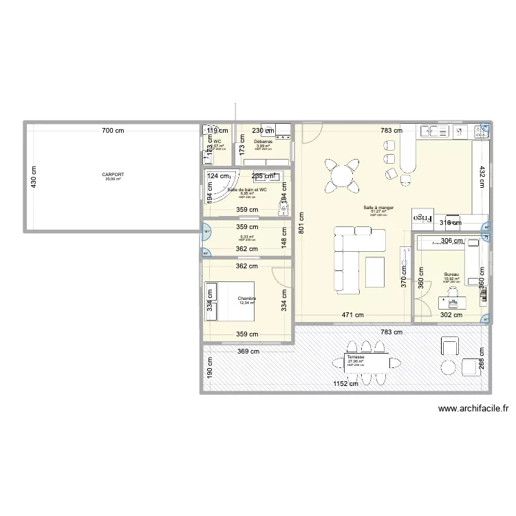 PLAN MAISON F3 modules 1 9x3,6 et 2 8x4 + terrasse. Plan de 