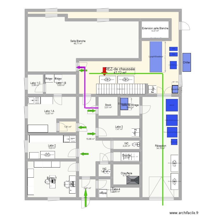 20230810 Reprobiol Ouffet niveau 0 Projet Lyo Filling flux 08. Plan de 20 pièces et 234 m2