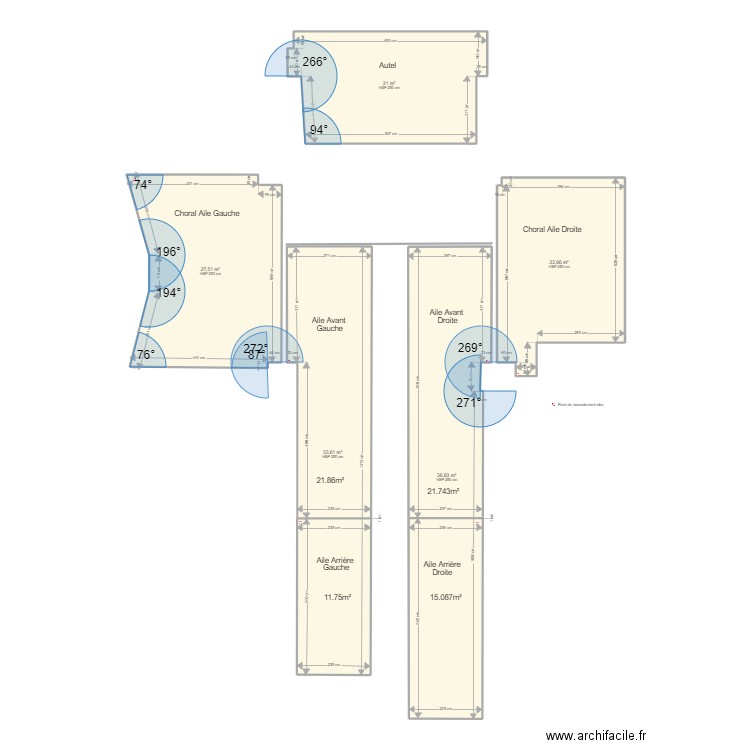 Eglise de Baincthum. Plan de 5 pièces et 142 m2