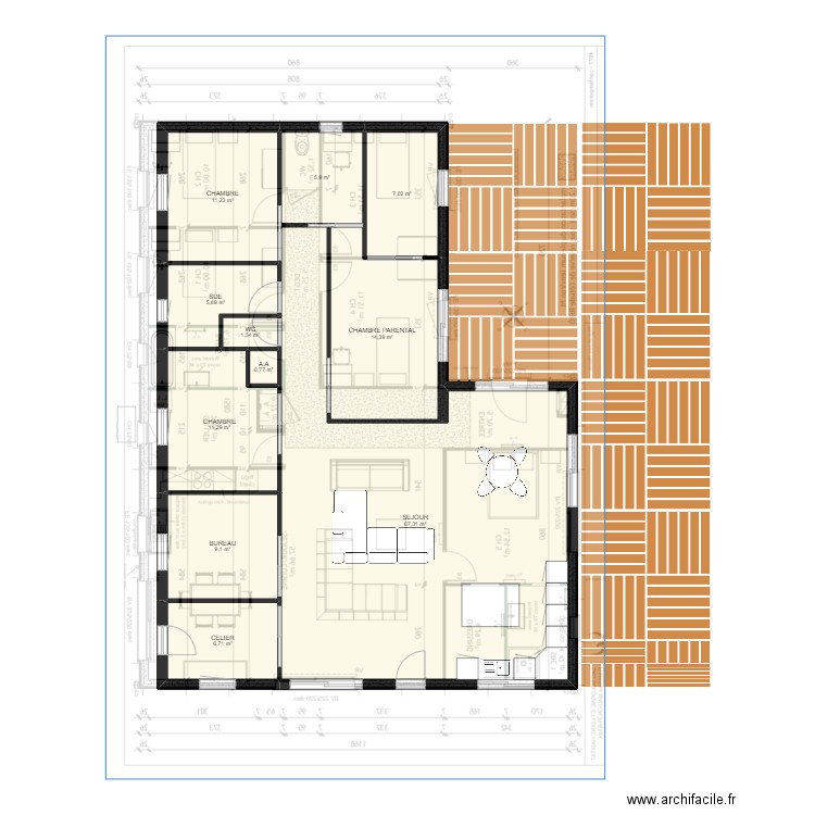 PLAN MIROIR. Plan de 11 pièces et 141 m2