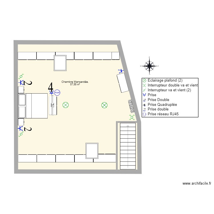 Chambre Mansardée. Plan de 1 pièce et 58 m2