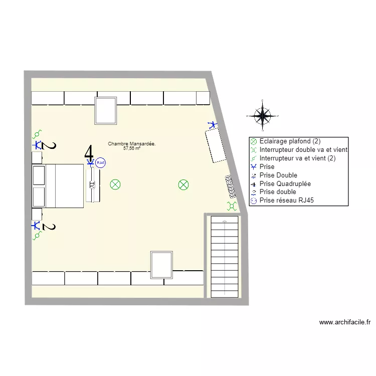 Chambre Mansard&eacute;e. Plan de 