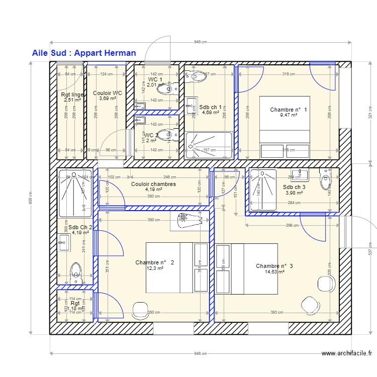 Appartement Herman pour carrelage. Plan de 12 pièces et 65 m2