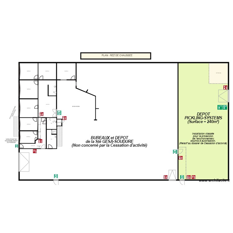 bat rdc depot CESSATION. Plan de 16 pièces et 1086 m2