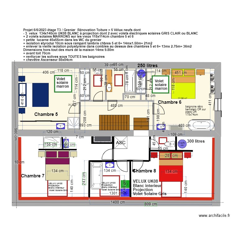 Projet 7 juin 2023 ETAGE T3 Réaménagement chambres étage . Plan de 7 pièces et 52 m2