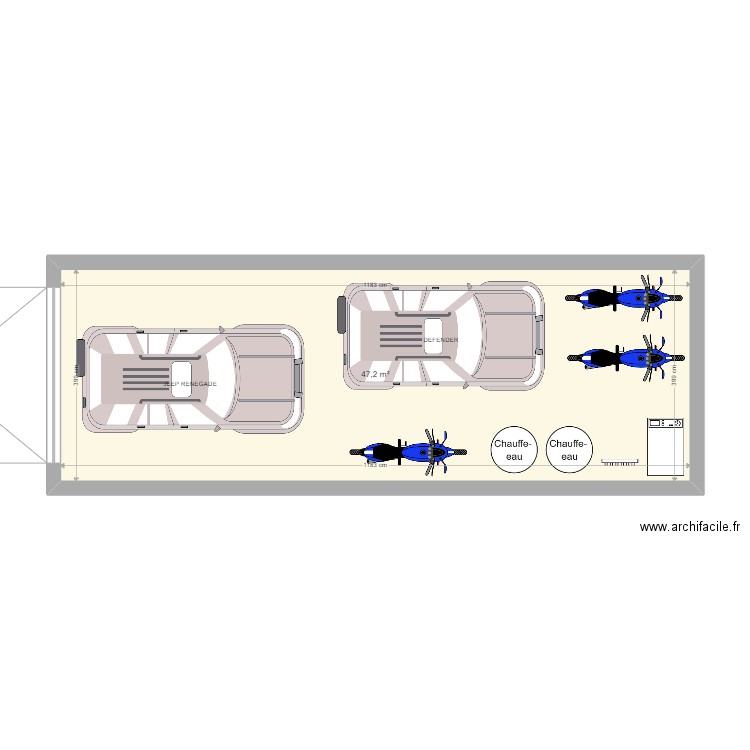 V2 GARAGE EN LONGUEUR 2 x VOITURE + 3 x MOTO. Plan de 1 pièce et 47 m2