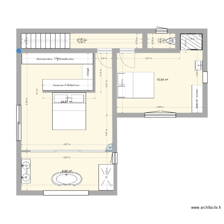 etage 1. Plan de 5 pièces et 57 m2