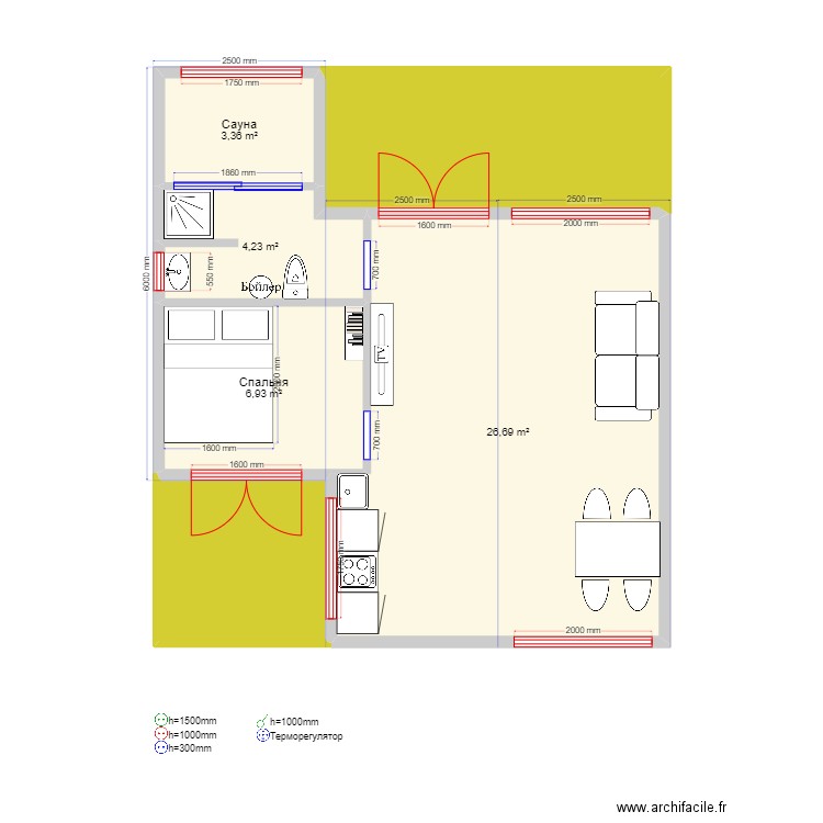 45 6 2.22. Plan de 6 pièces et 56 m2