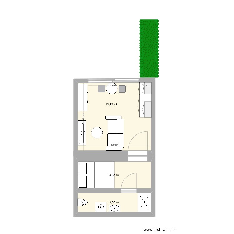 Gite. Plan de 3 pièces et 23 m2