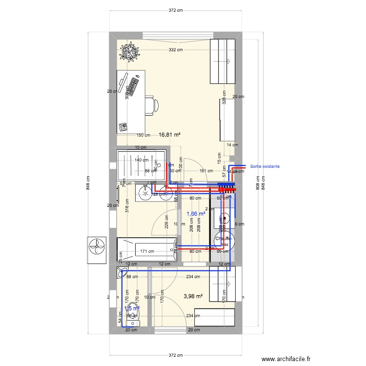 Projet Cornet - Plan plomberie v2. Plan de 5 pièces et 25 m2