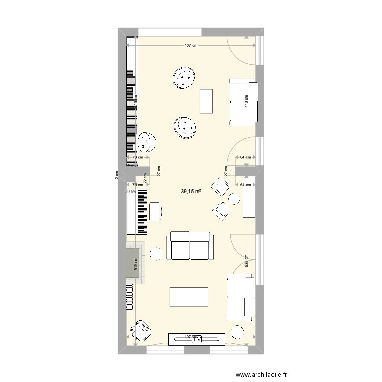 Salon maison. Plan de 1 pièce et 39 m2