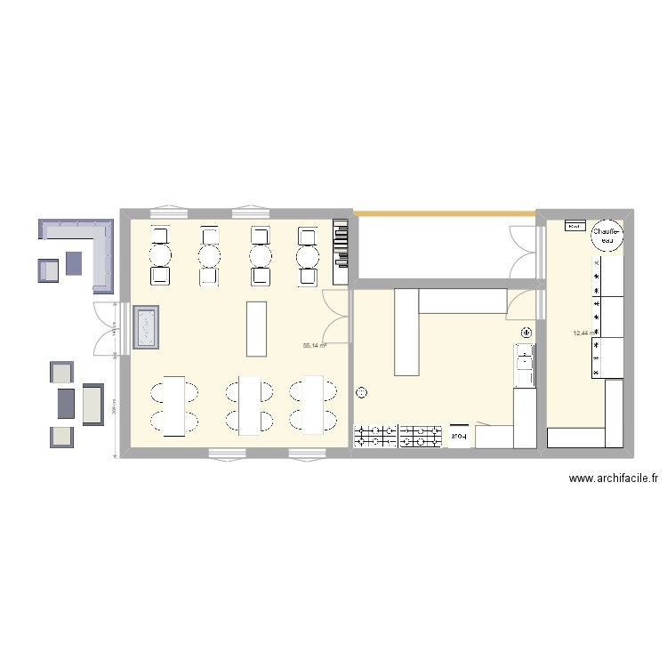 PROJET RESTO. Plan de 2 pièces et 68 m2