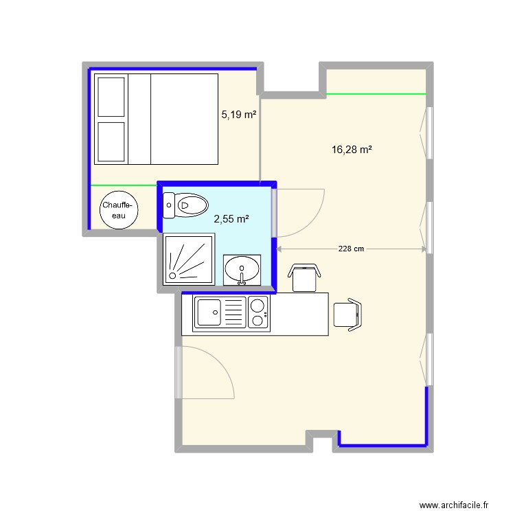 bihan. Plan de 3 pièces et 24 m2