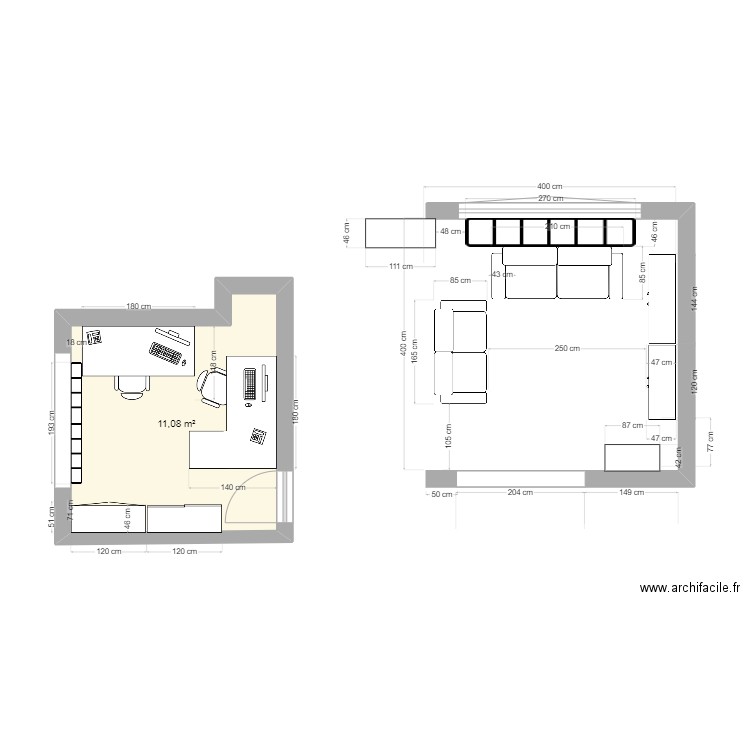 bureau. Plan de 1 pièce et 11 m2