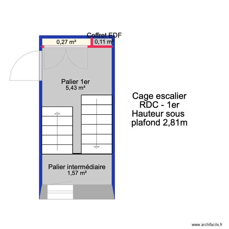 Cage escalier RDC - 1er L. Pasteur. Plan de 4 pièces et 7 m2