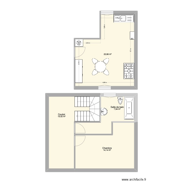 Après travaux. Plan de 4 pièces et 60 m2