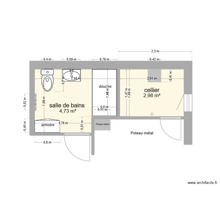 future éventuelle salle de bain. Plan de 2 pièces et 8 m2