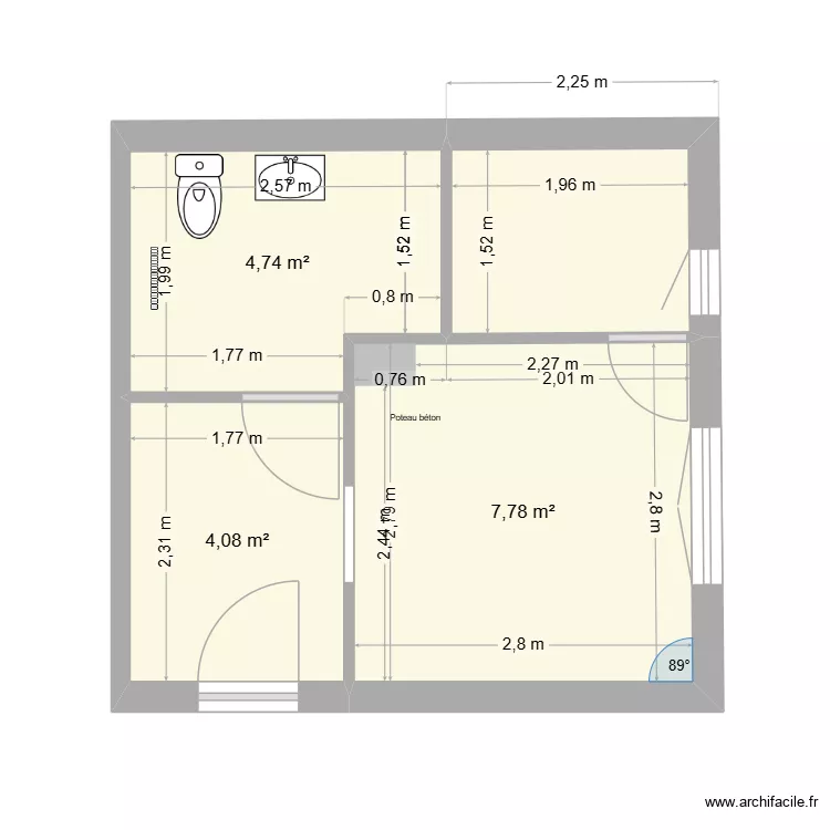future &eacute;ventuelle salle de bain. Plan de 4 pièces et 20 m²
