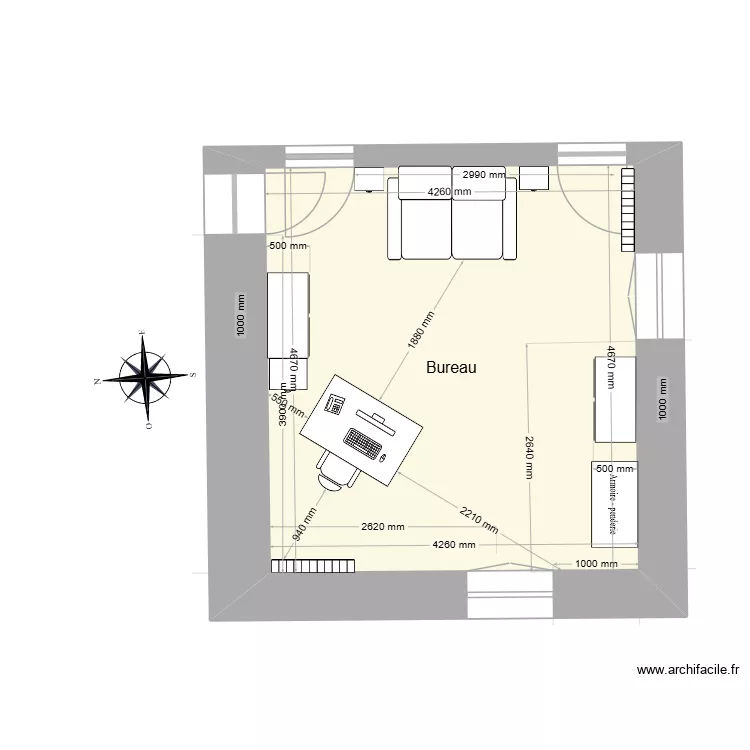 Chambre sud Bureau. Plan de 1  et 20 m²