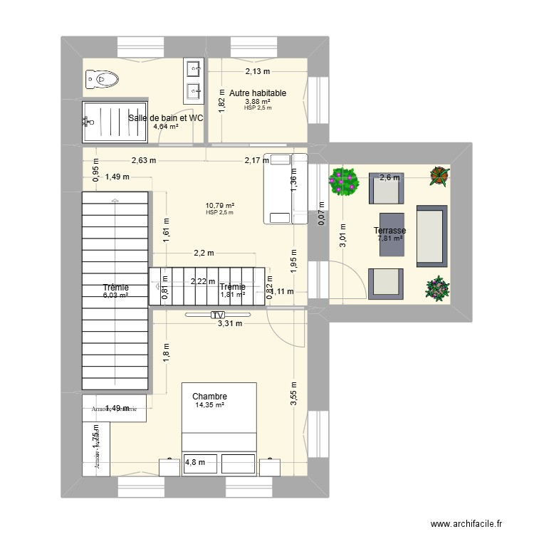etg1. Plan de 7 pièces et 49 m2