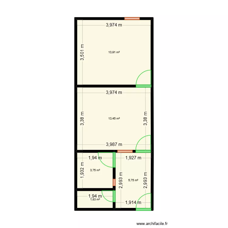 chambre et salon. Plan de 5  et 39 m²