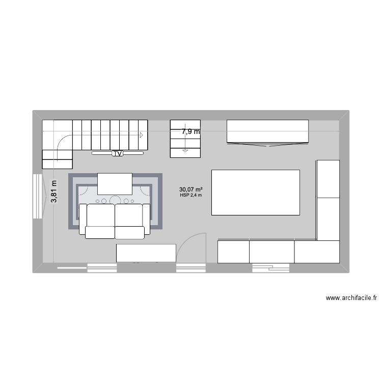 Séjour cuisine 2. Plan de 1 pièce et 30 m2