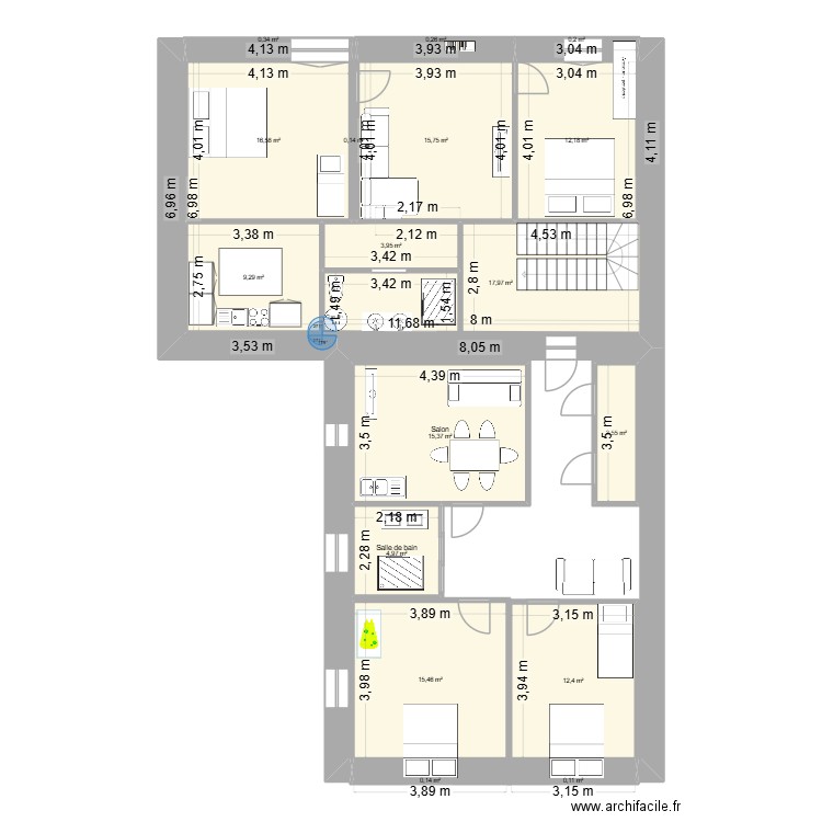 plan ETAGE ALMAE. Plan de 17 pièces et 129 m2