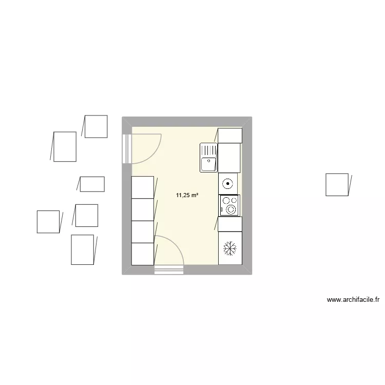 rose. Plan de 1  et 11 m²