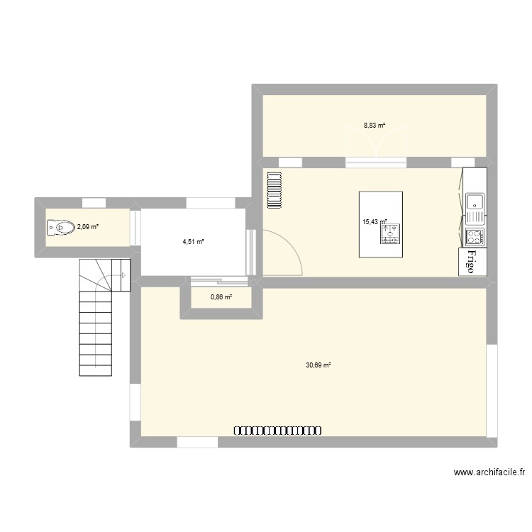 rdc. Plan de 6 pièces et 62 m2