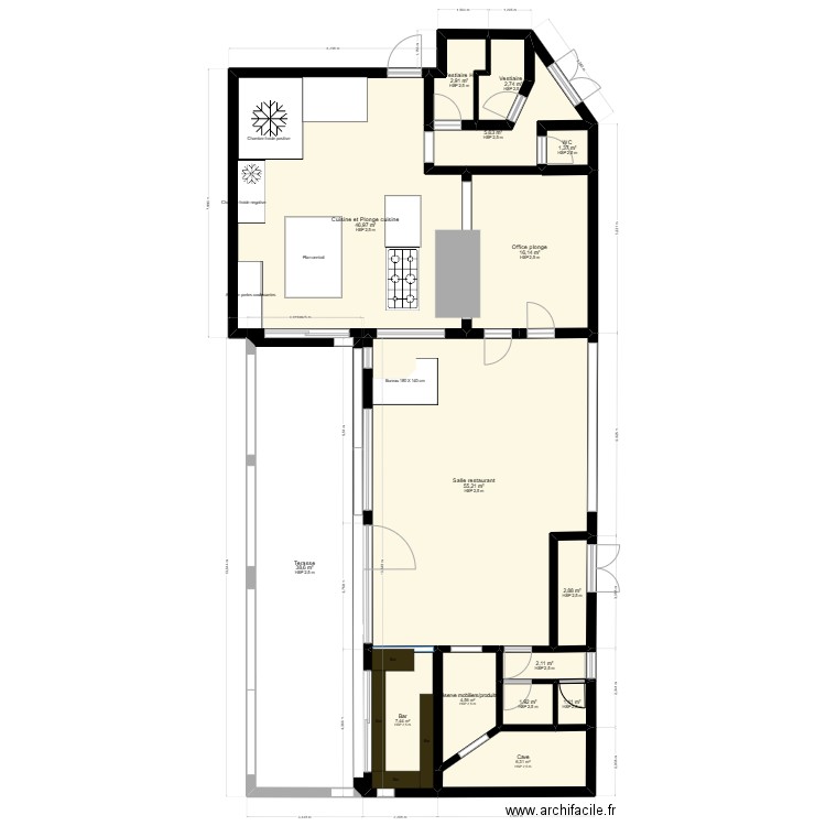 Restaurant AE. Plan de 15 pièces et 196 m2