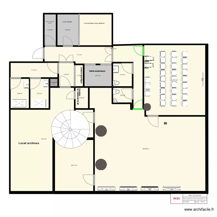Amphi -1 + travaux couloir. Plan de 18  et 293 m²