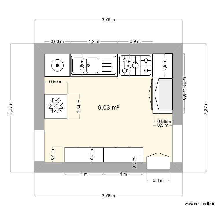 Cuisine_Parents. Plan de 1 pièce et 9 m2