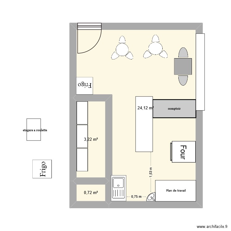 pizzeria. Plan de 3 pièces et 28 m2