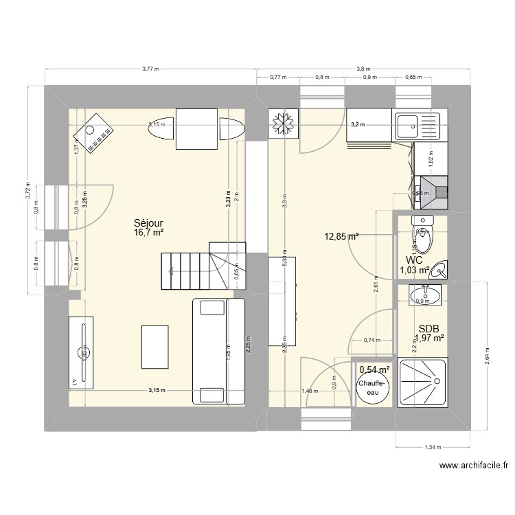 Maison du Theil rdc aménagé. Plan de 5 pièces et 33 m2