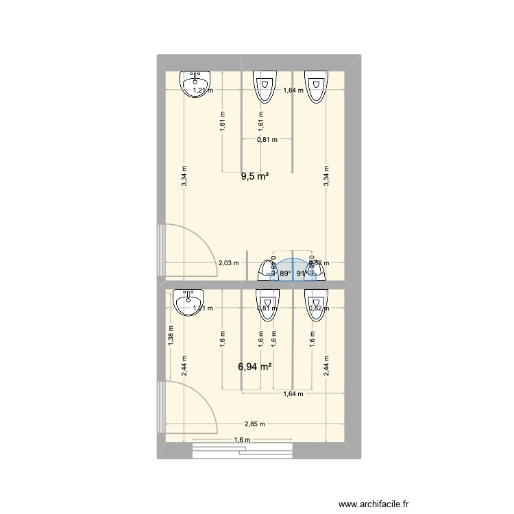 WC HOMMES ARMEN. Plan de 2 pièces et 16 m2