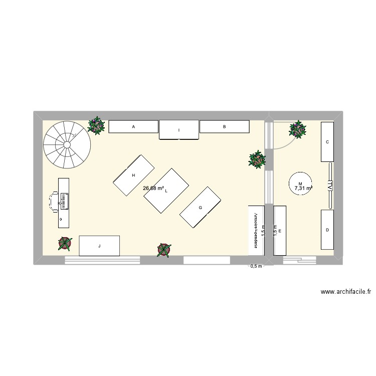 aménager un point de vente. Plan de 2 pièces et 34 m2