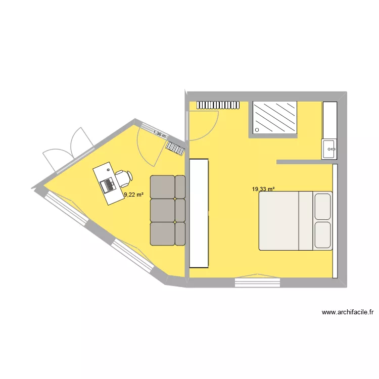 Chambre + bureau. Plan de 2 Pièces et 29 m² Chambre + bureau. Plan de 2 Pièces et 29 m²