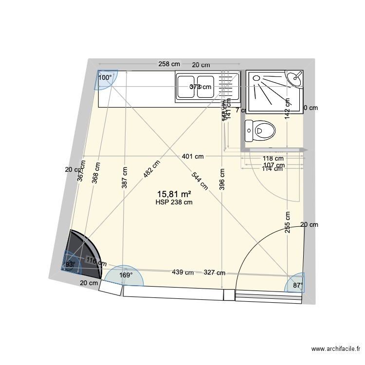 existant De Courlon sans cote. Plan de 1 pièce et 16 m2